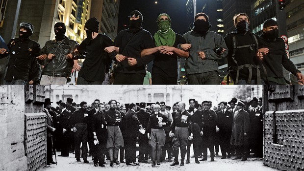 BRASIL, 2013
O black bloc, ou bloco negro, que entra nas passeatas para promover violência e vandalismo
ITÁLIA, 1922
Os “camisas negras”, paramilitares fascistas, apoiam a ascensão ao poder do ditador Benito Mussolini
(Fotos: Lost Art e Afp)