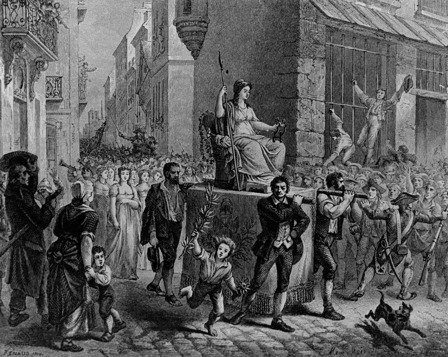 French Revolution / Cult of Reasoning
(started in Autumn 1793).
– “La déesse Raison promenée dans les rues de Paris” (The singer Mlle. Aubry portrayed as the personification of reasoning at the 20th Brumarie of Year II –10 Nov. 1893).