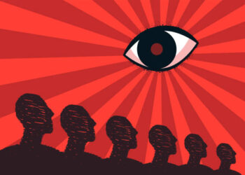 An eye looking at a stylized crowd, a symbol of control in a totalitarian state. Unity of citizens, dependence on the authorities, pressure on the masses of people.