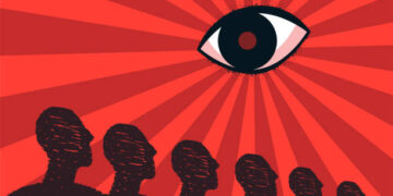 An eye looking at a stylized crowd, a symbol of control in a totalitarian state. Unity of citizens, dependence on the authorities, pressure on the masses of people.
